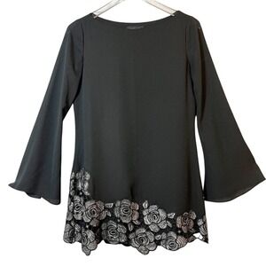 Marciano‎ Black Long Bell Sleeve Sequin Silver Roses Dress XS